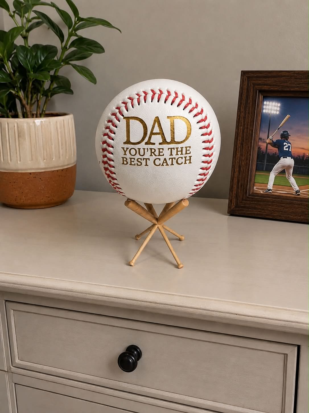 Personalized Father's Day Engraved Baseball with Bat Stand