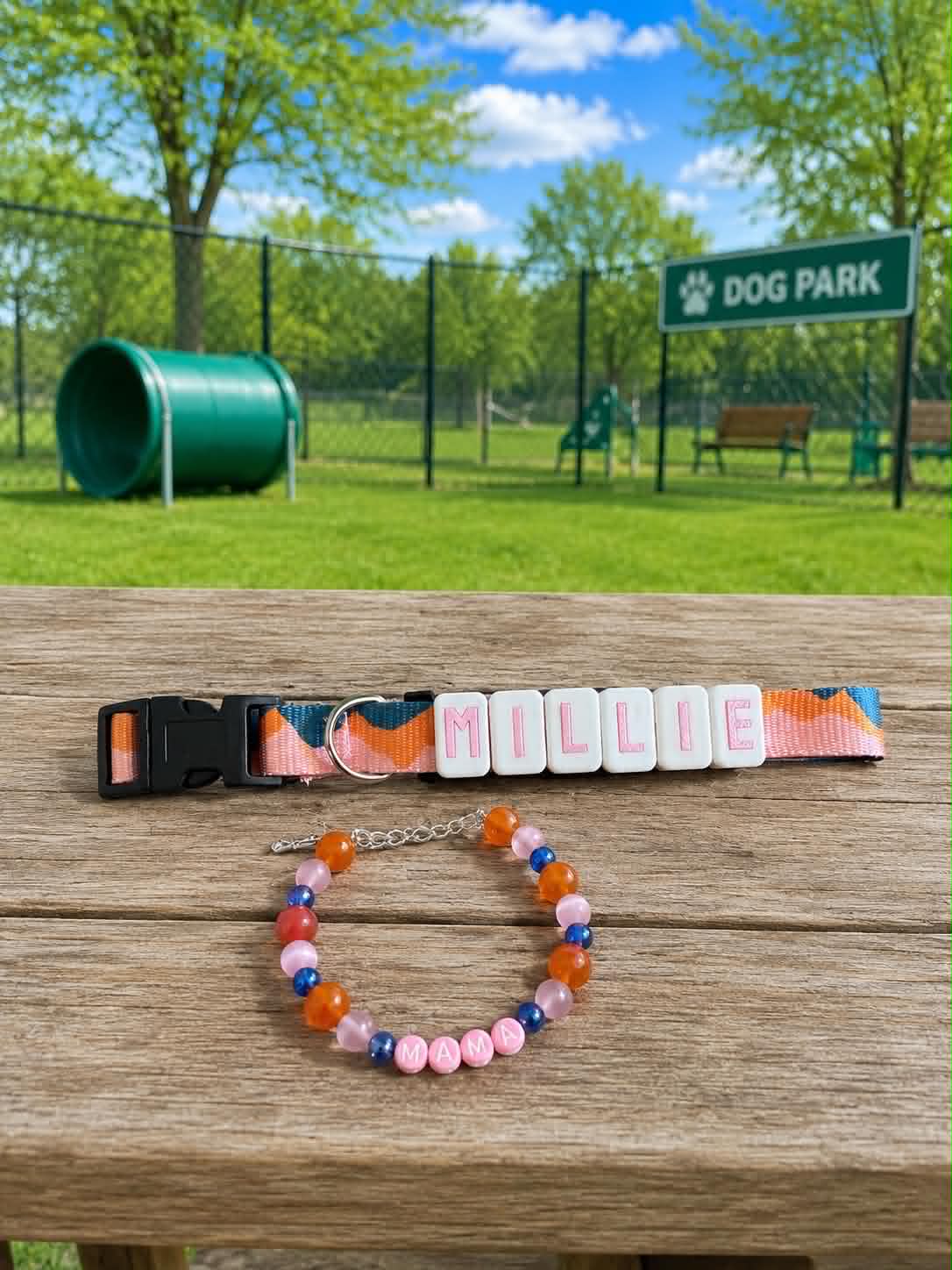 Custom Dog Name Collar With Matching Mama/Papa Bracelet