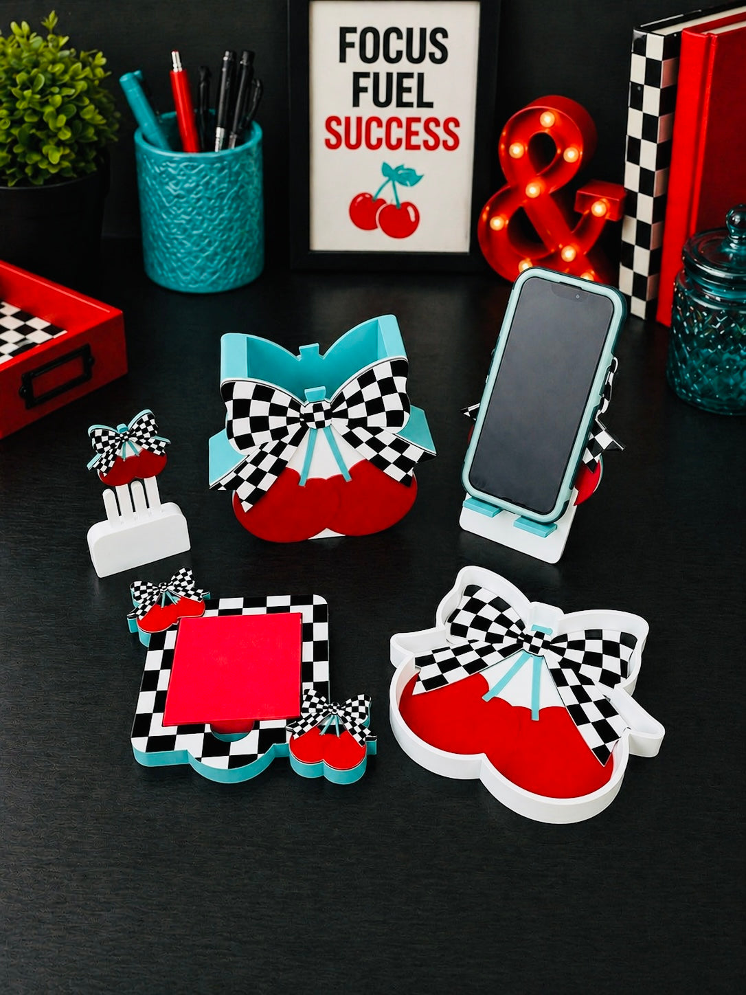 Checkered/Teal/Cherries Desk Accessories