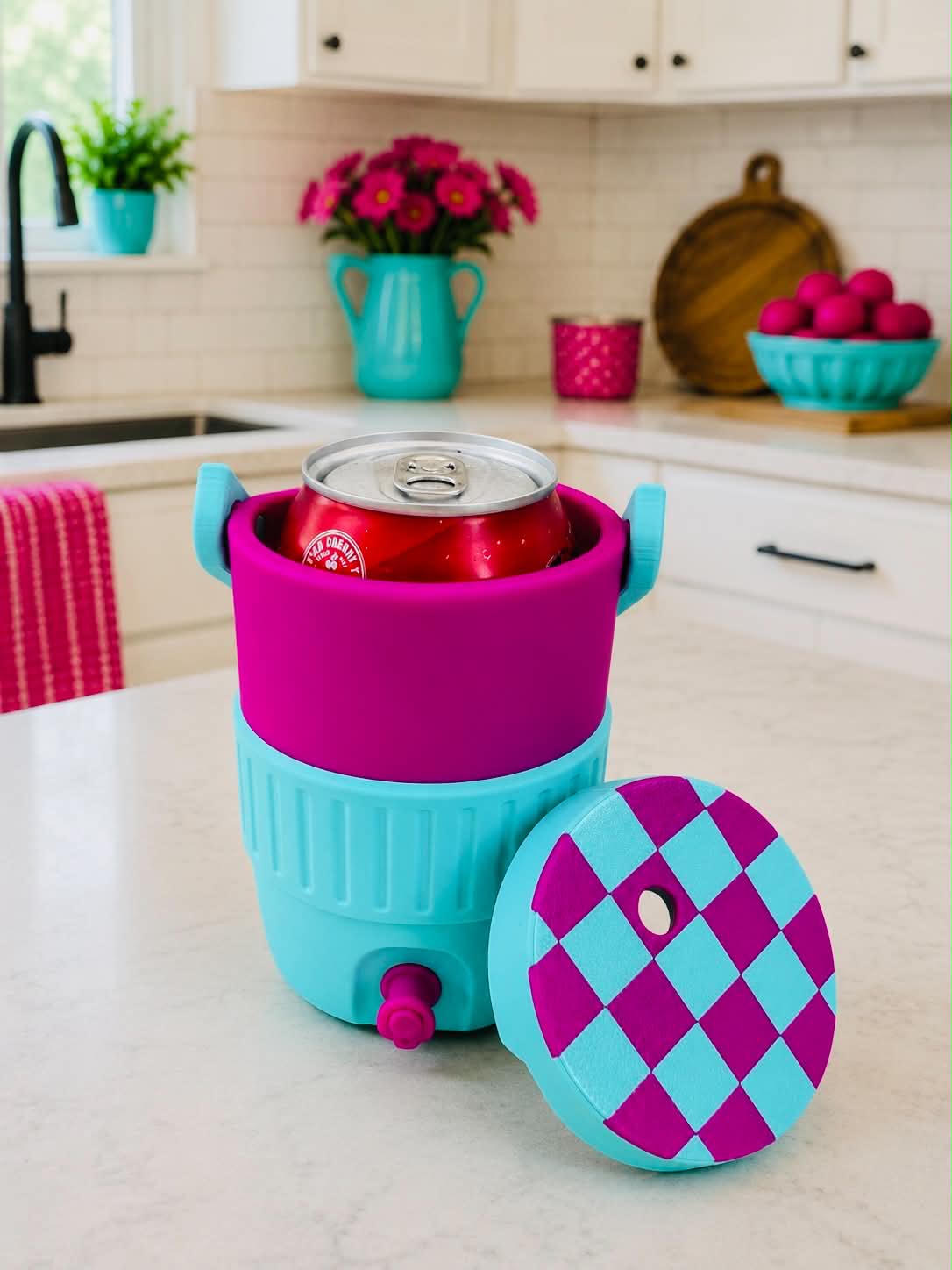 Neon Checkered 3D Printed 12 oz Can Cooler Koozie