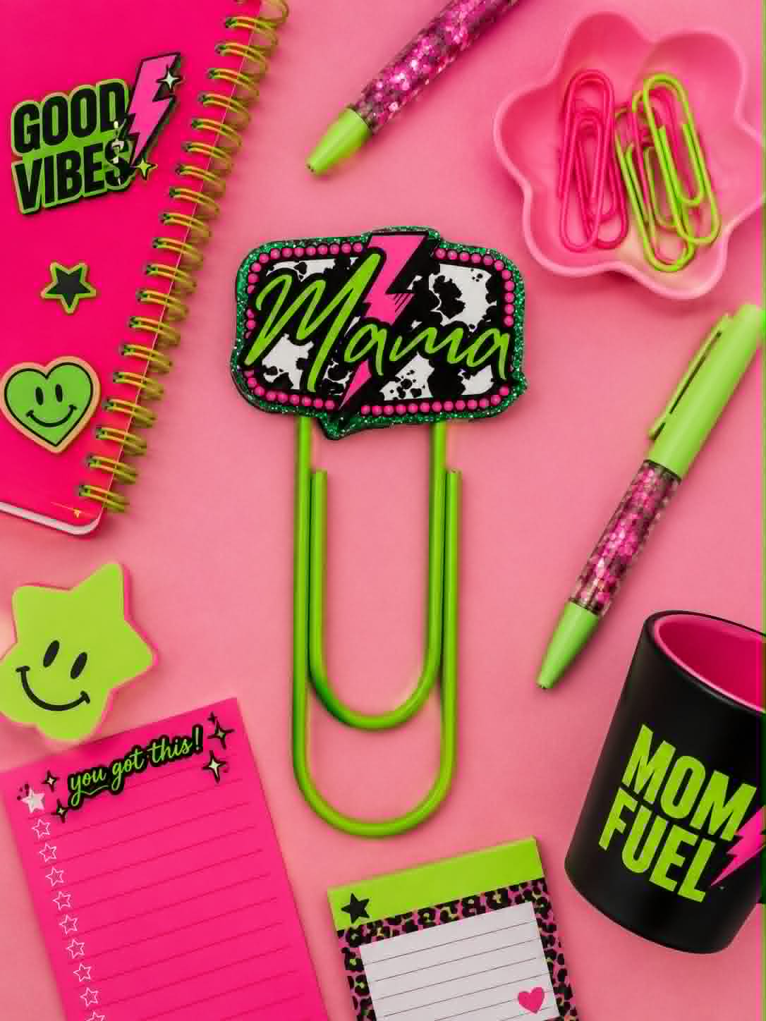Neon, Checkered Mama Vibes Jumbo Paperclip/Bookmark