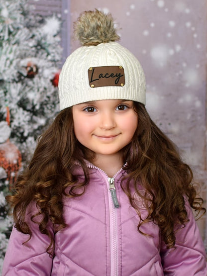 Name Engraved Leather Patch Beanie-Girls 3-8 Years Old