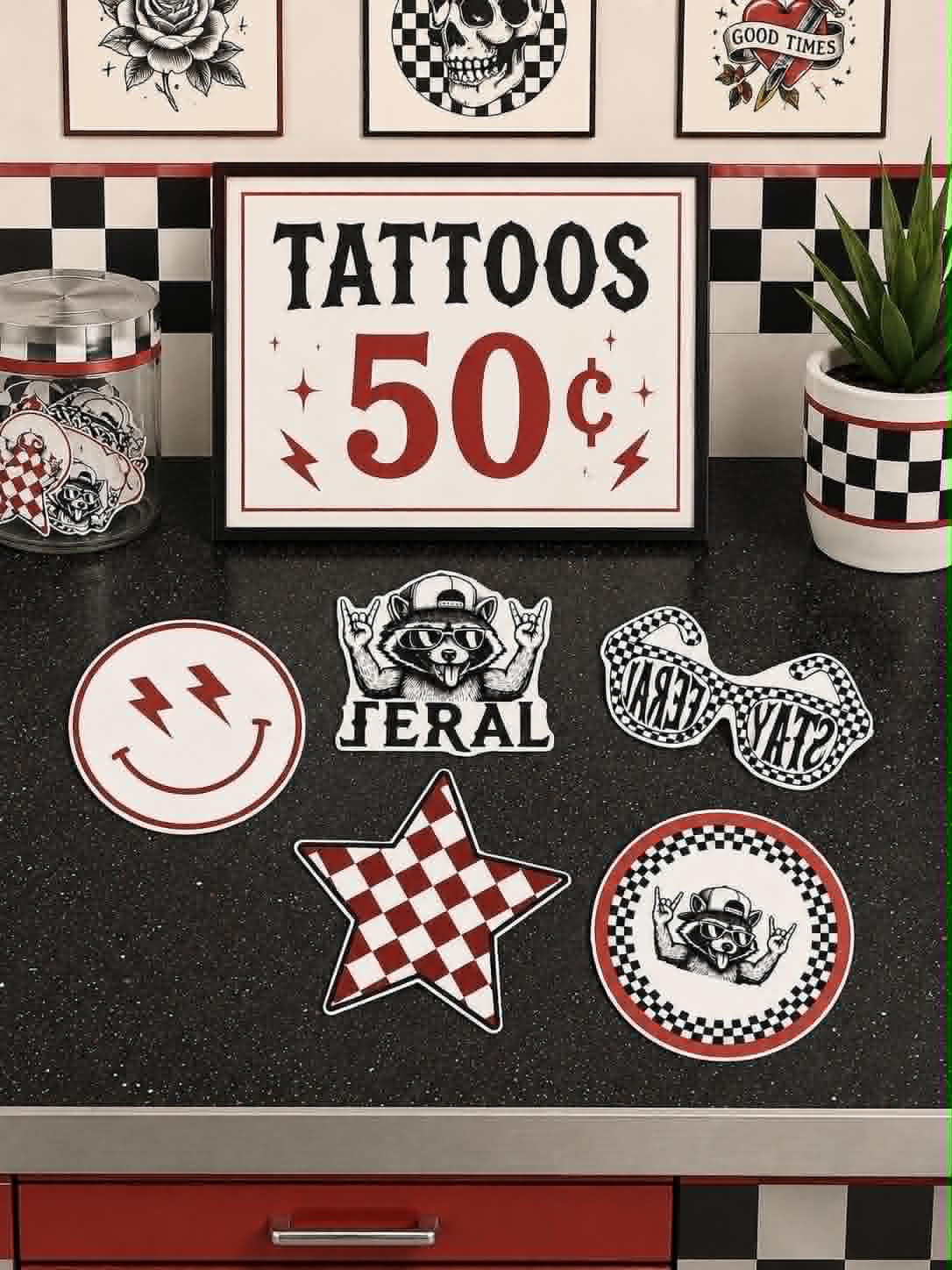 Feral And Checkered Themed Temporary Tattoo Bundle-sets of 1, 5, 10, 15, 20, 25