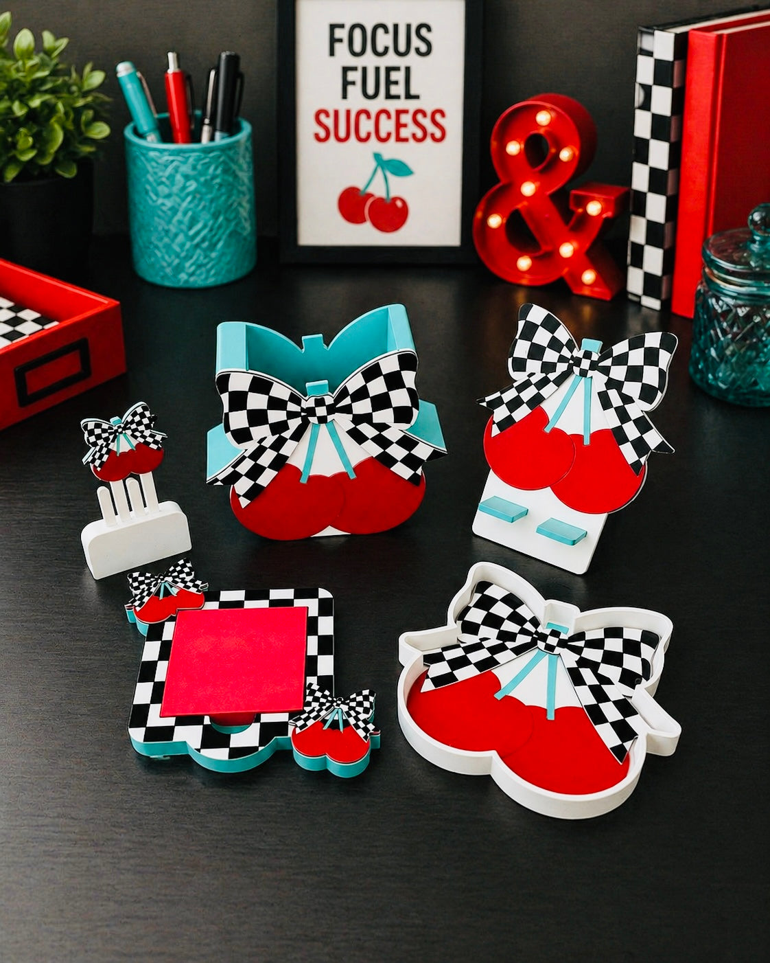 Checkered/Teal/Cherries Desk Accessories