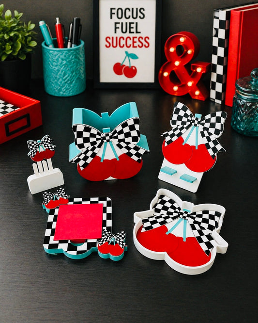 Checkered/Teal/Cherries Desk Accessories